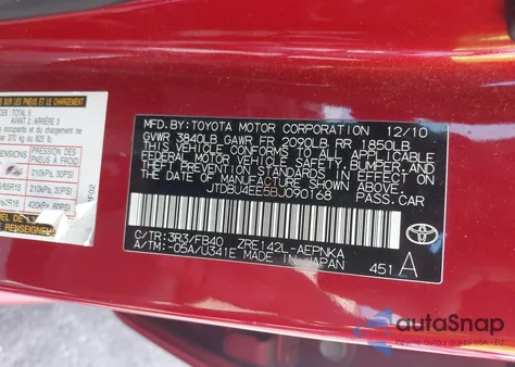 2011 Toyota Corolla Le from USA, damaged, VIN JTDBU4EE5BJ090168